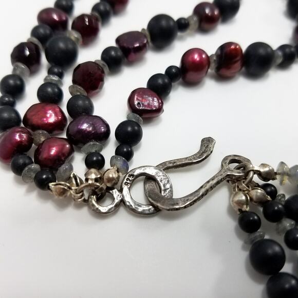 Vintage Beaded Necklace Pearled Burgundy, Matte Black Red Black Czech Crystal - Picture 8 of 10